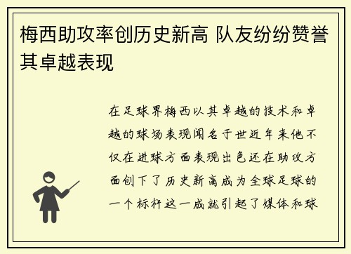 梅西助攻率创历史新高 队友纷纷赞誉其卓越表现