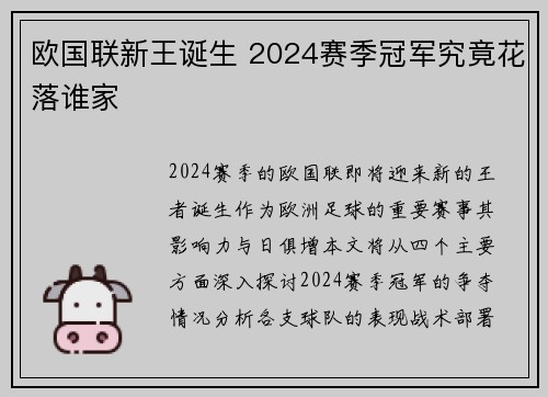 欧国联新王诞生 2024赛季冠军究竟花落谁家