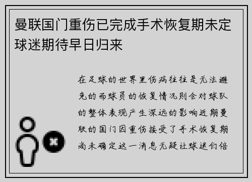 曼联国门重伤已完成手术恢复期未定球迷期待早日归来