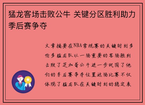 猛龙客场击败公牛 关键分区胜利助力季后赛争夺