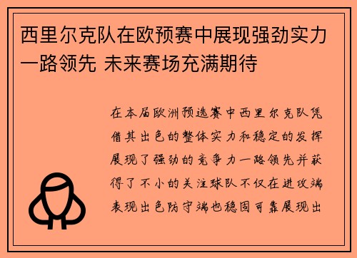 西里尔克队在欧预赛中展现强劲实力一路领先 未来赛场充满期待