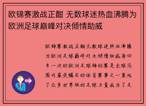 欧锦赛激战正酣 无数球迷热血沸腾为欧洲足球巅峰对决倾情助威
