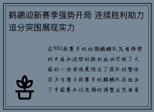 鹈鹕迎新赛季强势开局 连续胜利助力追分突围展现实力