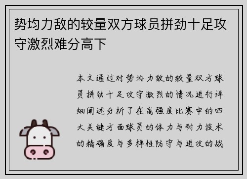 势均力敌的较量双方球员拼劲十足攻守激烈难分高下