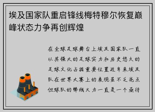 埃及国家队重启锋线梅特穆尔恢复巅峰状态力争再创辉煌