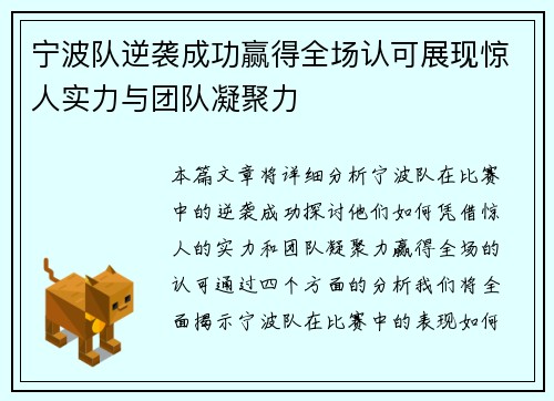 宁波队逆袭成功赢得全场认可展现惊人实力与团队凝聚力