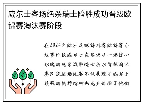 威尔士客场绝杀瑞士险胜成功晋级欧锦赛淘汰赛阶段