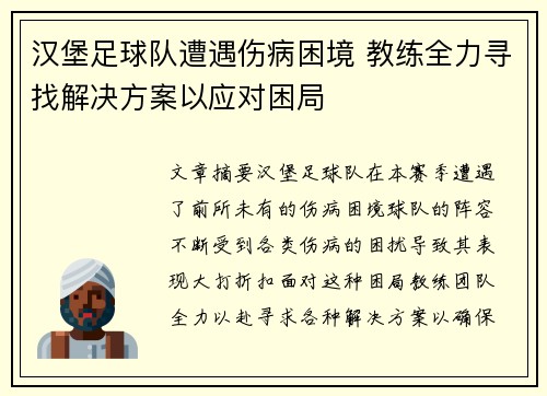 汉堡足球队遭遇伤病困境 教练全力寻找解决方案以应对困局