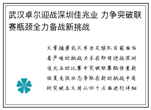 武汉卓尔迎战深圳佳兆业 力争突破联赛瓶颈全力备战新挑战