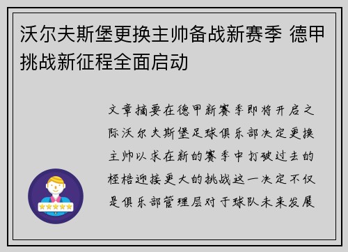 沃尔夫斯堡更换主帅备战新赛季 德甲挑战新征程全面启动