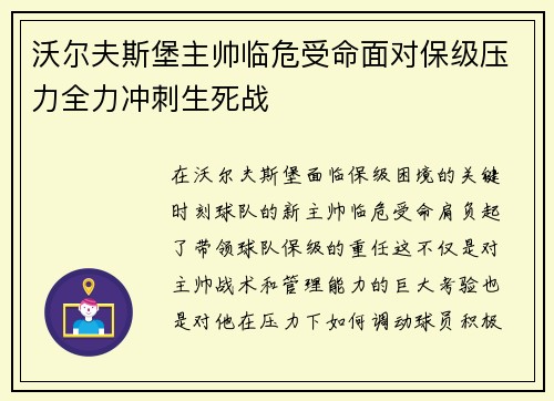 沃尔夫斯堡主帅临危受命面对保级压力全力冲刺生死战