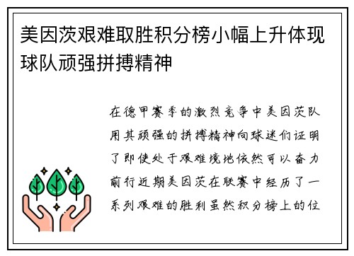 美因茨艰难取胜积分榜小幅上升体现球队顽强拼搏精神