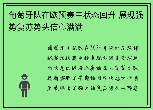 葡萄牙队在欧预赛中状态回升 展现强势复苏势头信心满满
